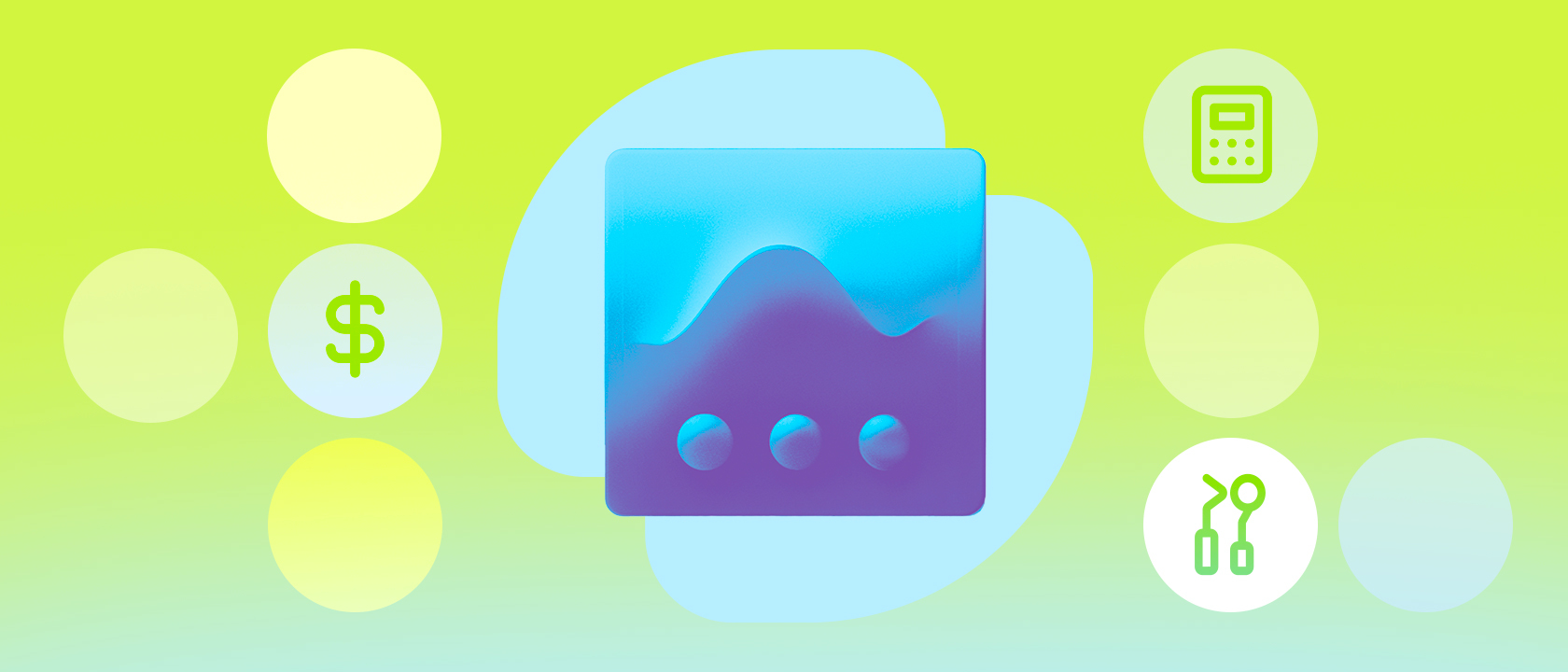 Imagem com fundo verde e azul claro, com um elemento central verde e roxo, simbolizando os relatórios na web. 