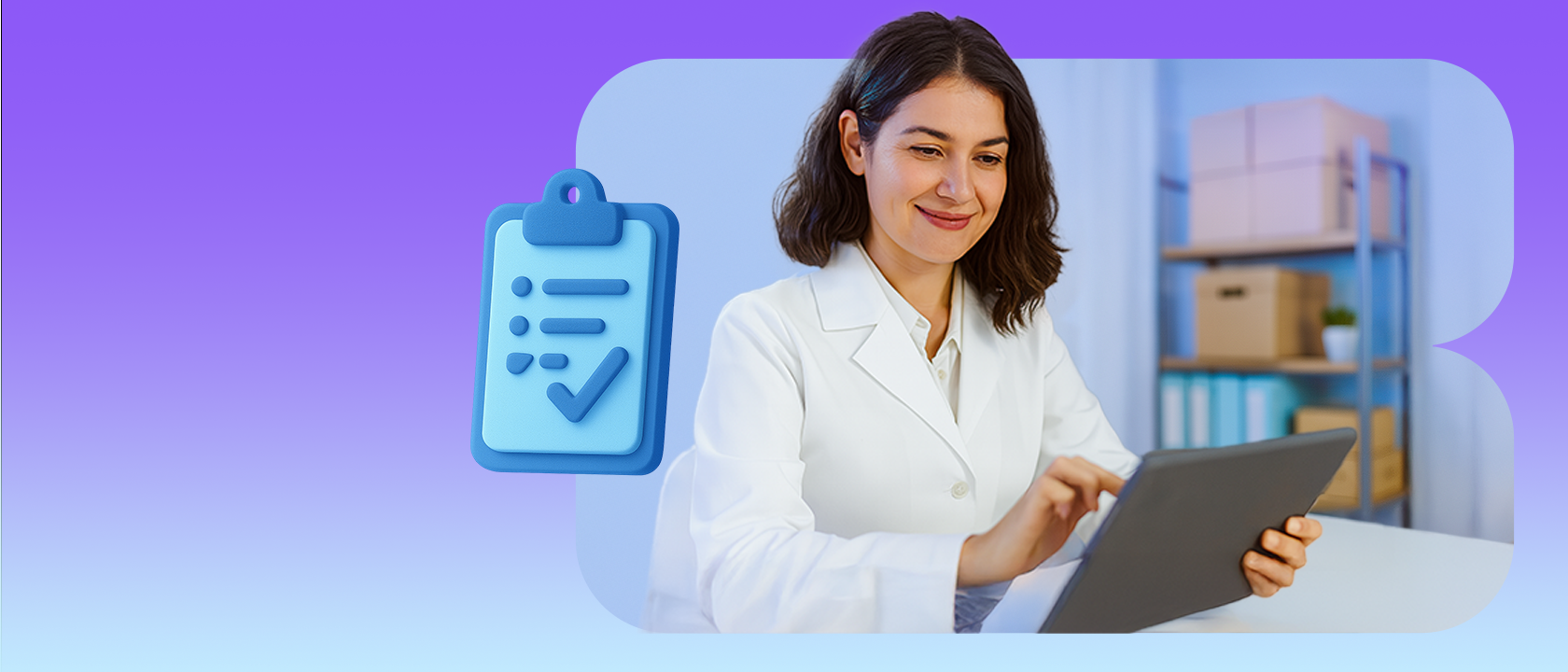 Fundo roxo e azul claro com ícone de uma prancheta azul no centro e uma mulher branca com cabelos pretos curtos e jaleco, simbolizando a gestão de estoque e organização dentro de um clínica odontológica