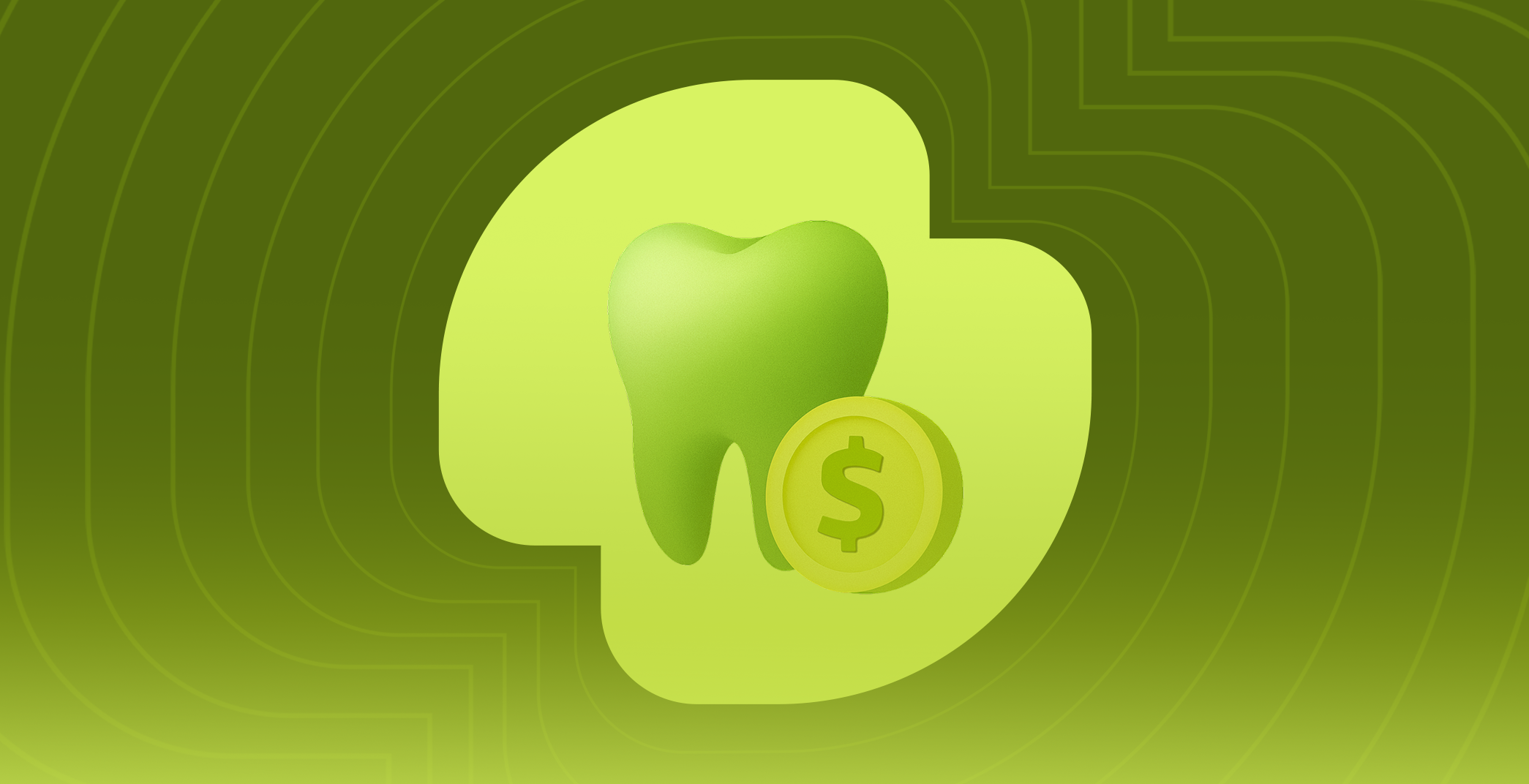Imagem com fundo verde em várias tonalidades e com uma ilustração de dente molar ao lado de uma moeda, representando graficamente o Financiamento Capim
