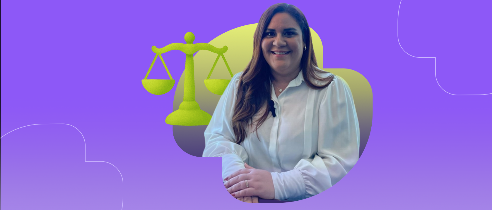 Imagem com fundo roxo claro. Ao centro mostra um ícone verde de balança e uma foto da Dra. Roberta Souza, uma mulher morena de cabelos compridos vestindo uma camisa branca.