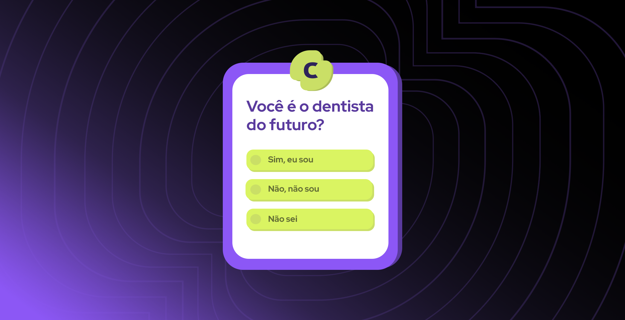 Imagem com fundo preto e com degradê roxo. No centro um retângulo com as bordas arredondas representando um quiz de perguntas. 