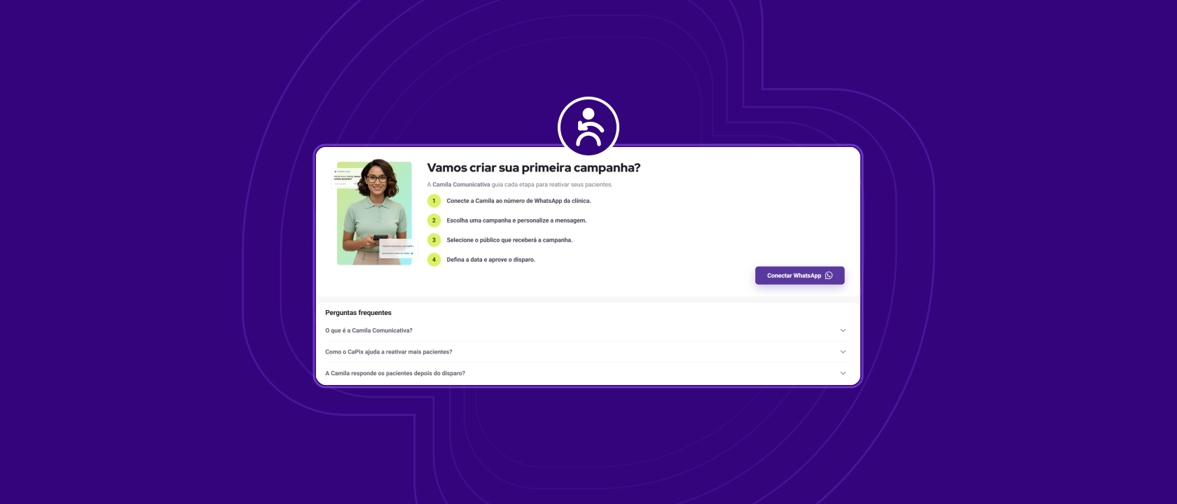 Tela de introdução da Camila Comunicativa, funcionalidade de reativação de pacientes da Capim via IA