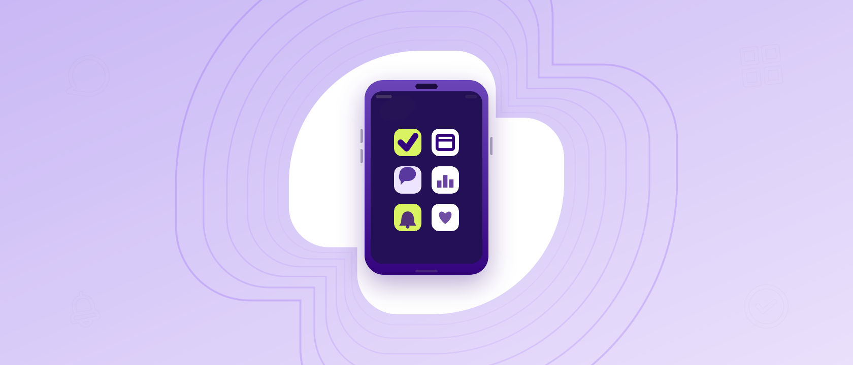 A imagem mostra uma mão segurando um smartphone exibindo a interface de um aplicativo em português. O fundo é verde com ícones roxos, representando funcionalidades do app.