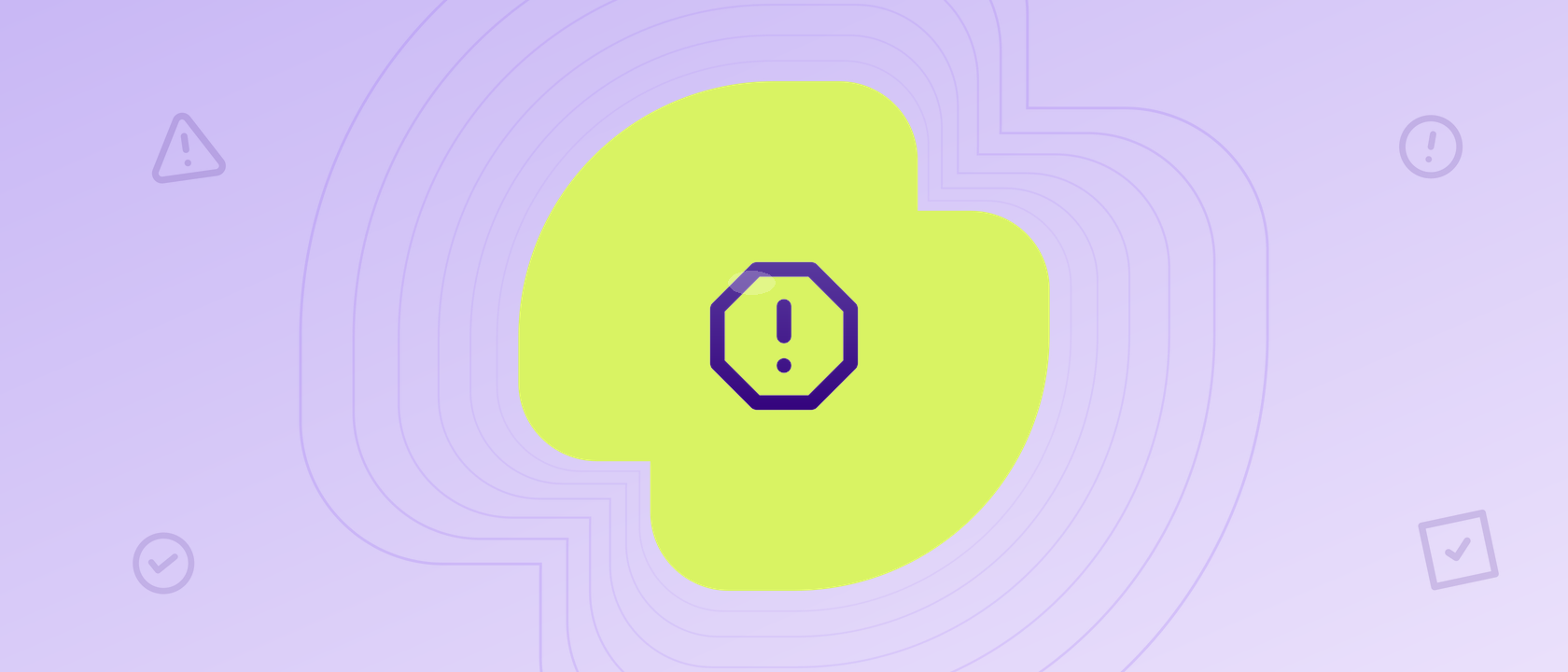  Ícone de alerta hexagonal roxo sobre fundo lilás, ilustrando os riscos ocupacionais na odontologia
