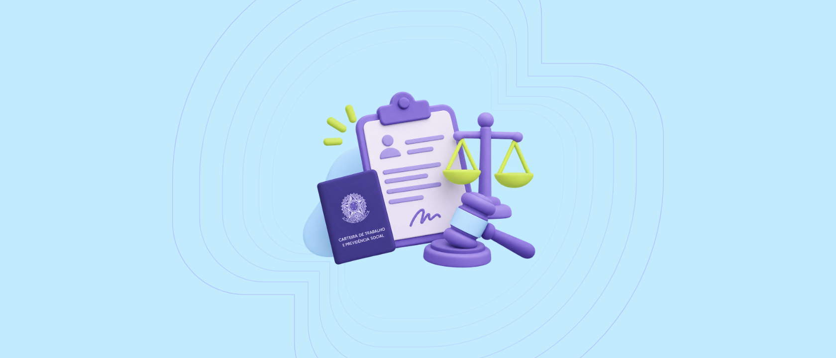 Ilustração 3D em tons de roxo e verde-limão sobre fundo azul-claro: uma carteira de trabalho, uma prancheta com contrato assinado, uma balança da justiça e um martelo de juiz, representando as regras trabalhistas para dentistas.
