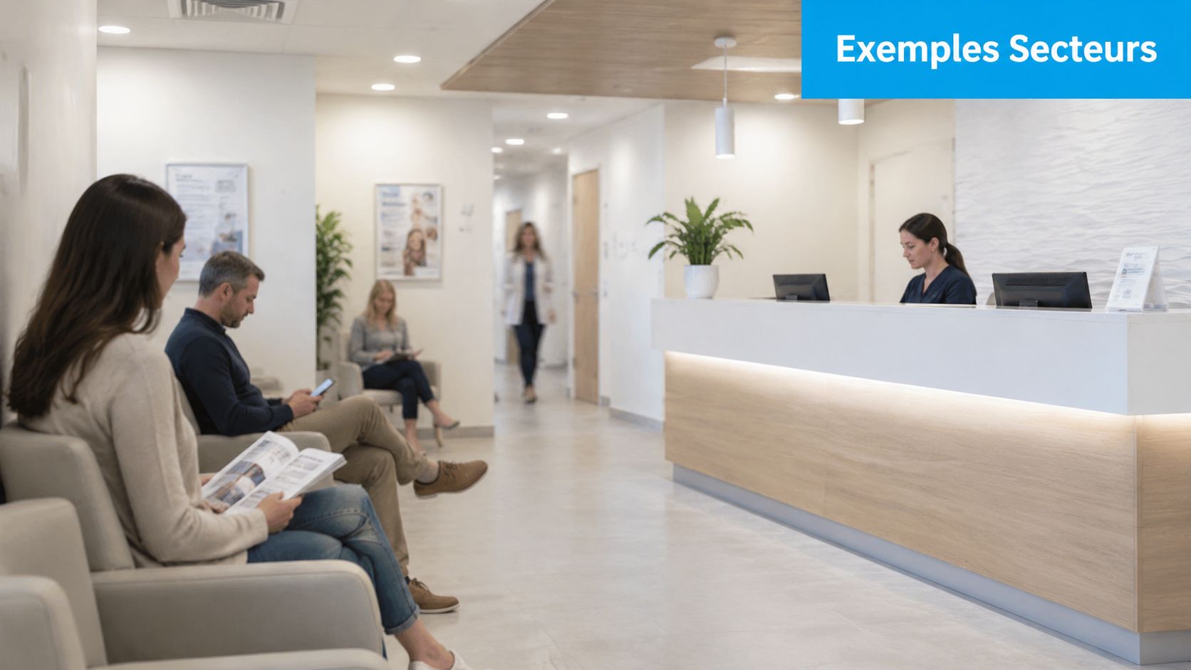 Salle d'attente lumineuse et moderne dans un cabinet médical avec des patients et une réceptionniste professionnelle.