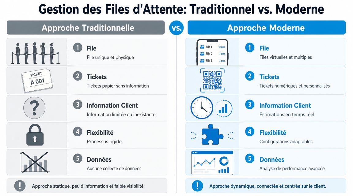 Tableau comparatif entre la gestion de file d'attente traditionnelle et la gestion de file d'attente moderne.