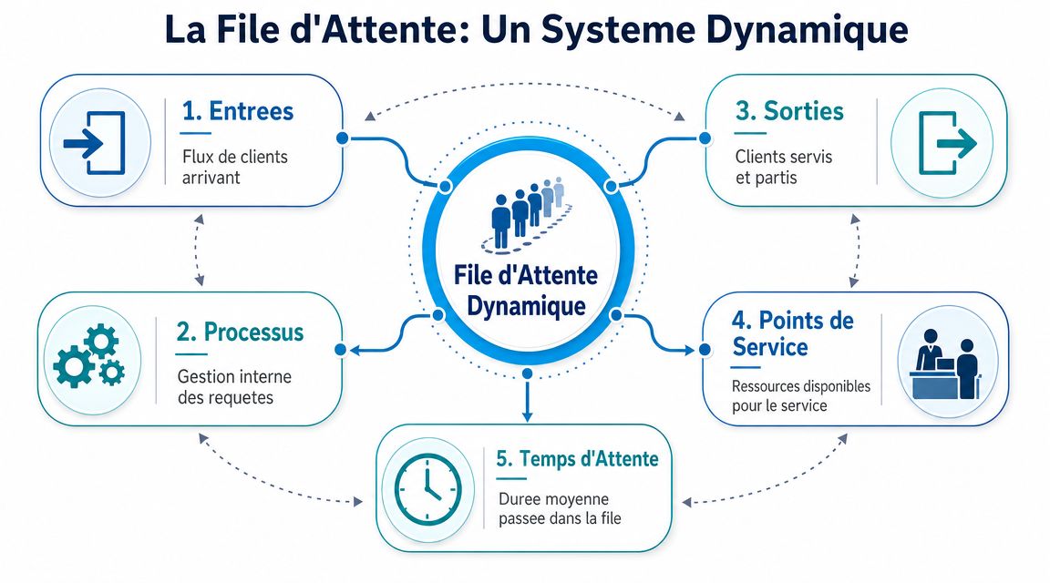 Schéma illustrant un système de file d'attente dynamique avec ses cinq composants principaux : entrées, processus, sorties, services et temps.