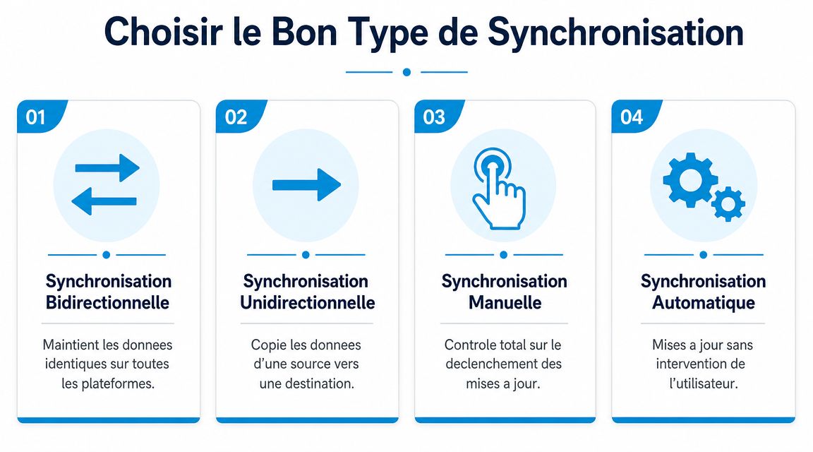 Une infographie présentant quatre types de synchronisation de données pour aider à faire le bon choix.