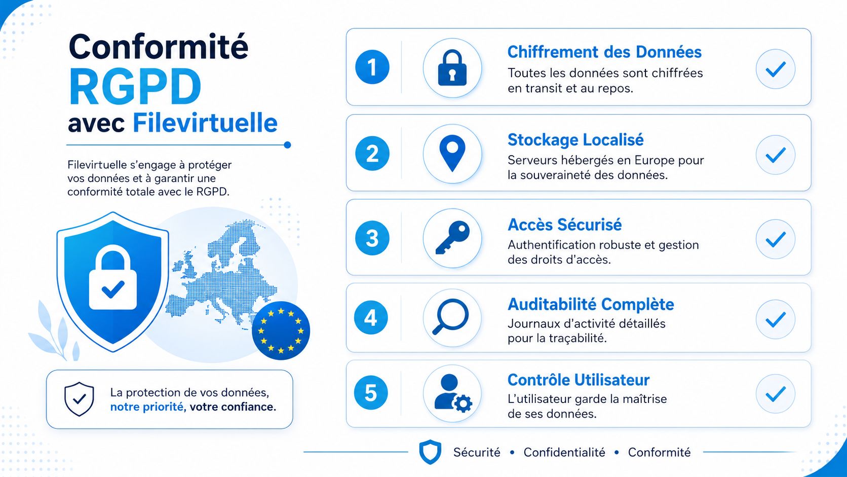 Infographie présentant les cinq engagements de Filevirtuelle pour la conformité RGPD, incluant chiffrement, stockage européen et sécurité.