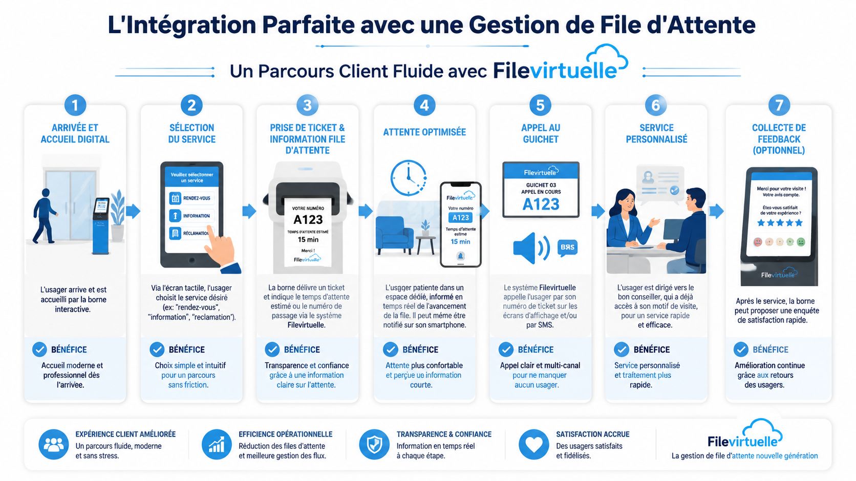 Schéma illustrant les sept étapes du parcours client fluide avec les bornes interactives Filevirtuelle pour une gestion optimisée.