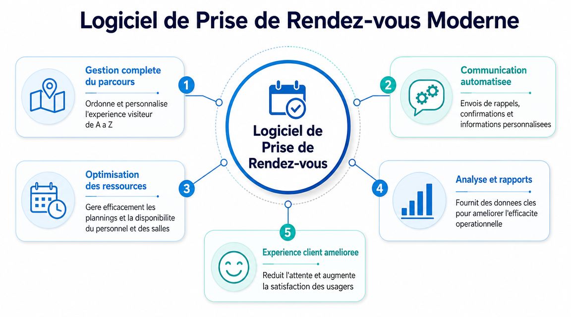 Schéma illustrant les cinq avantages principaux d'un logiciel moderne de prise de rendez-vous pour les entreprises.