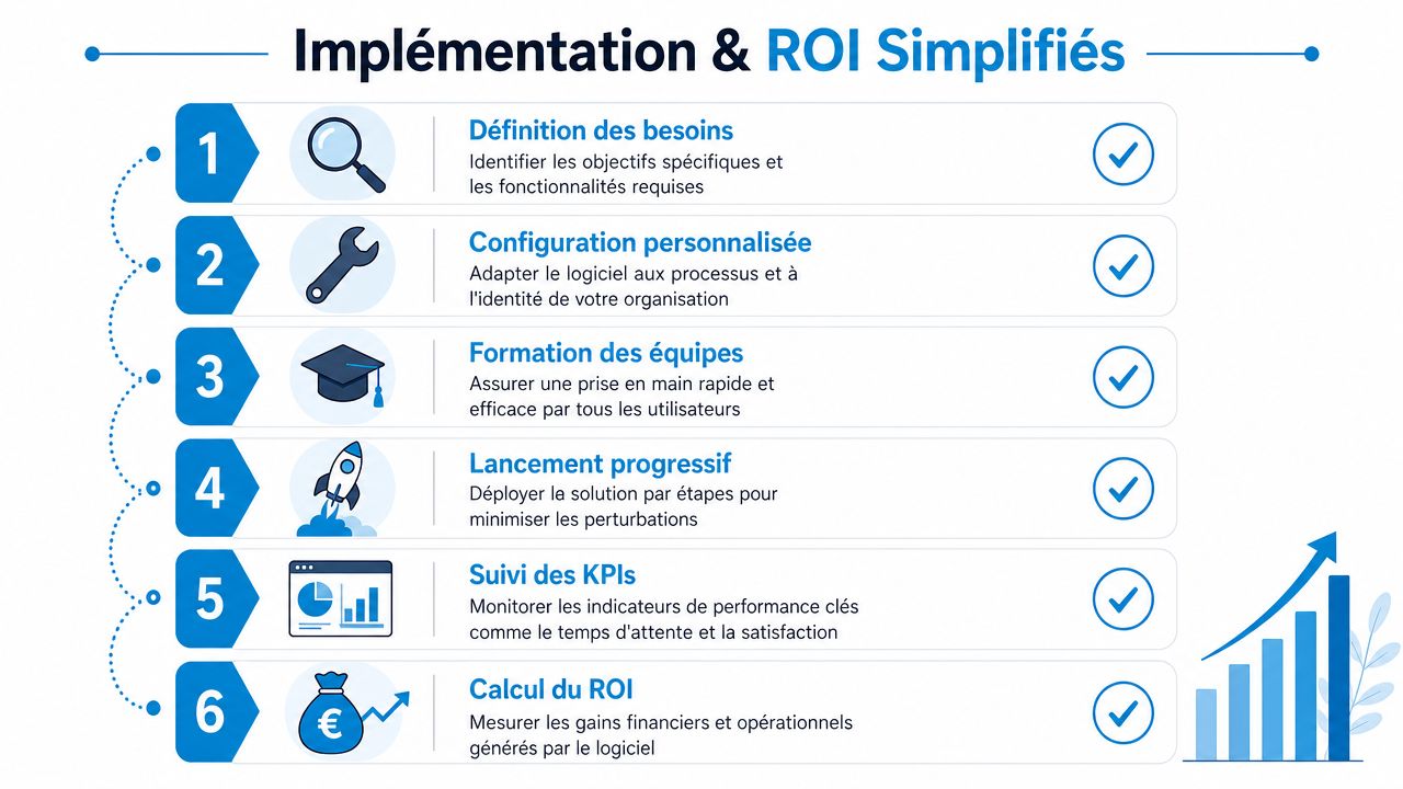Un diagramme montrant les six étapes simplifiées pour l'implémentation d'un logiciel et l'analyse du retour sur investissement.