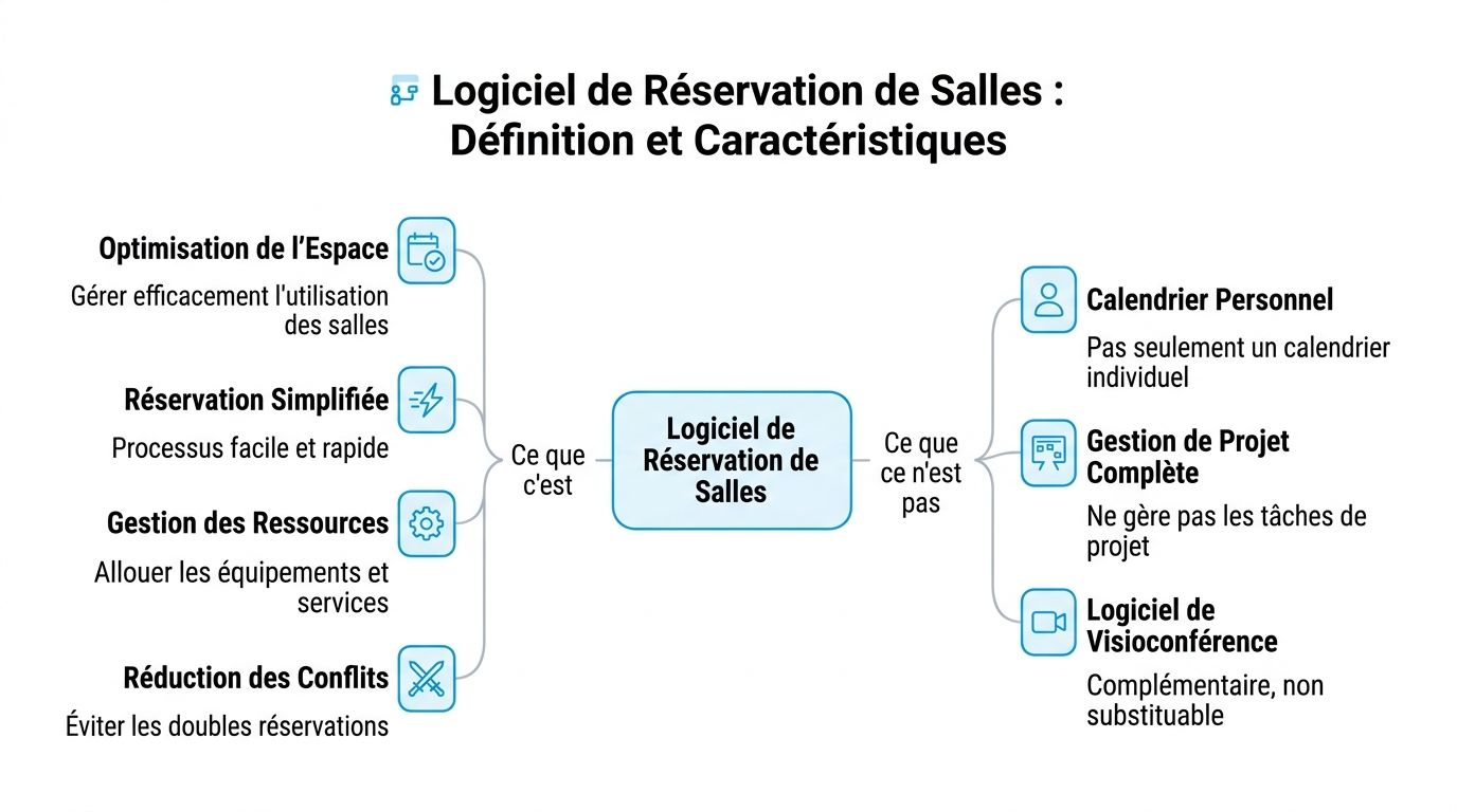 Schéma explicatif présentant les fonctionnalités principales d'un logiciel de réservation de salles de réunion en entreprise.