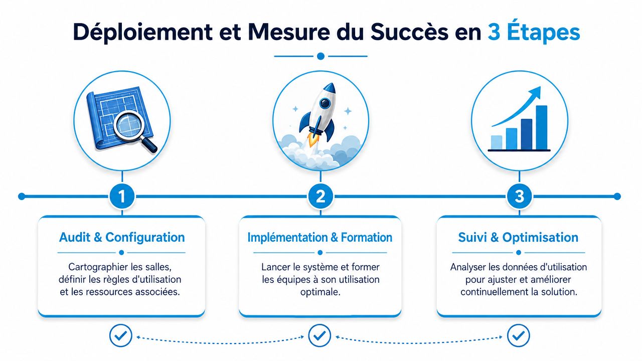Un schéma en trois étapes expliquant le déploiement et l'optimisation d'un logiciel de gestion de salles.