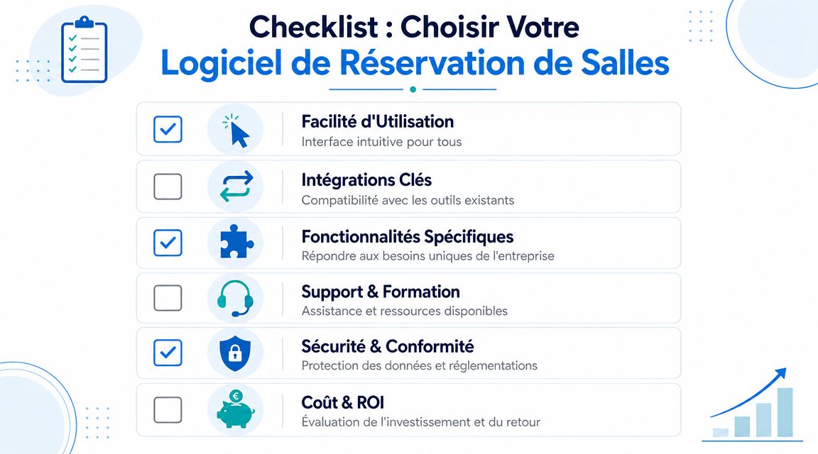 Une checklist pour choisir un logiciel de réservation de salles, détaillant les critères de sélection essentiels pour les entreprises.