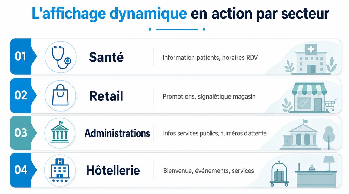 Infographie illustrant les applications du secteur de l'affichage dynamique pour la santé, le commerce, l'administration et l'hôtellerie.