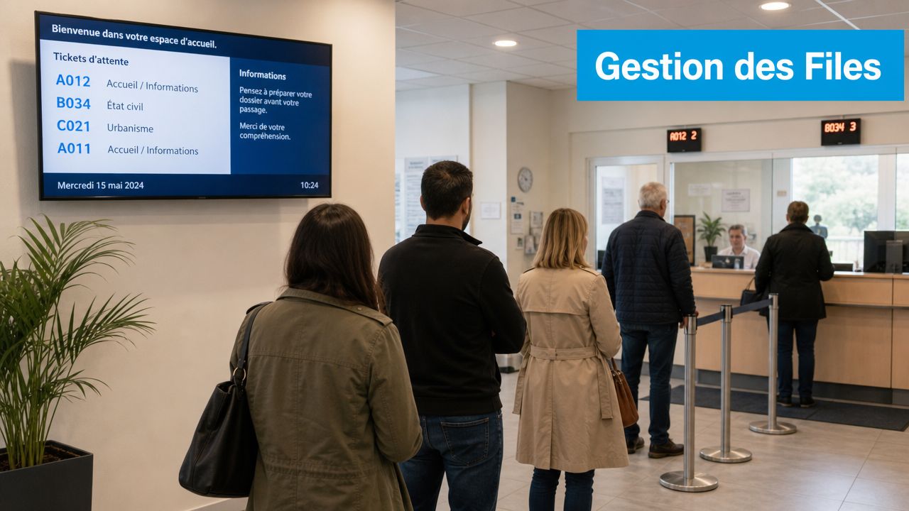 Des personnes attendent leur tour dans un hall administratif devant un écran affichant des tickets de file d'attente.