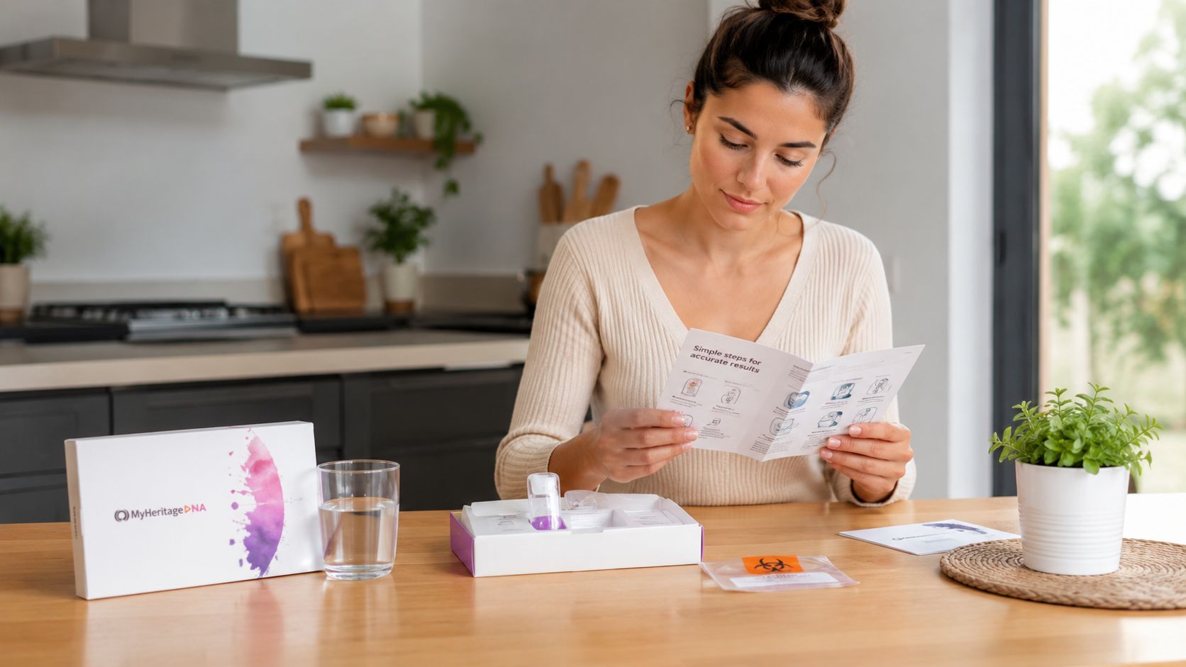 Une femme assise à une table regarde attentivement le guide d'instructions d'un kit de test ADN à domicile.