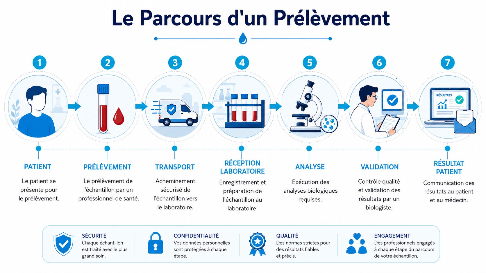 Infographie illustrant le parcours complet d'un prélèvement biologique, du patient jusqu'à la communication des résultats médicaux.