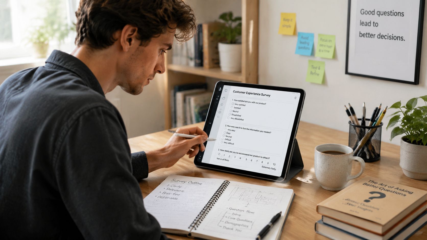 Un homme remplissant une enquête de satisfaction client sur une tablette numérique dans un bureau calme.