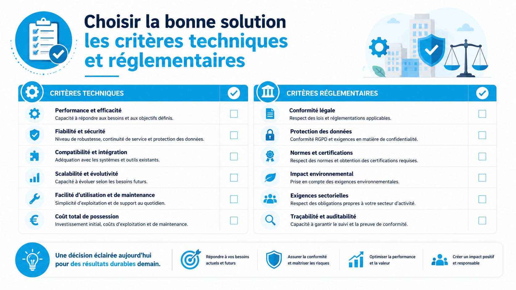 Tableau comparatif illustrant les critères techniques et réglementaires essentiels pour choisir une solution professionnelle adaptée.