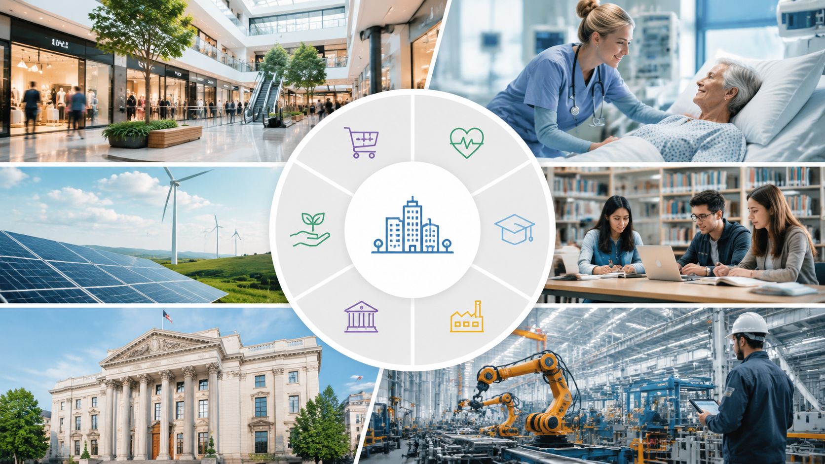 Une infographie centrale reliant des icônes d'activités humaines aux secteurs de la santé, éducation, industrie et environnement.