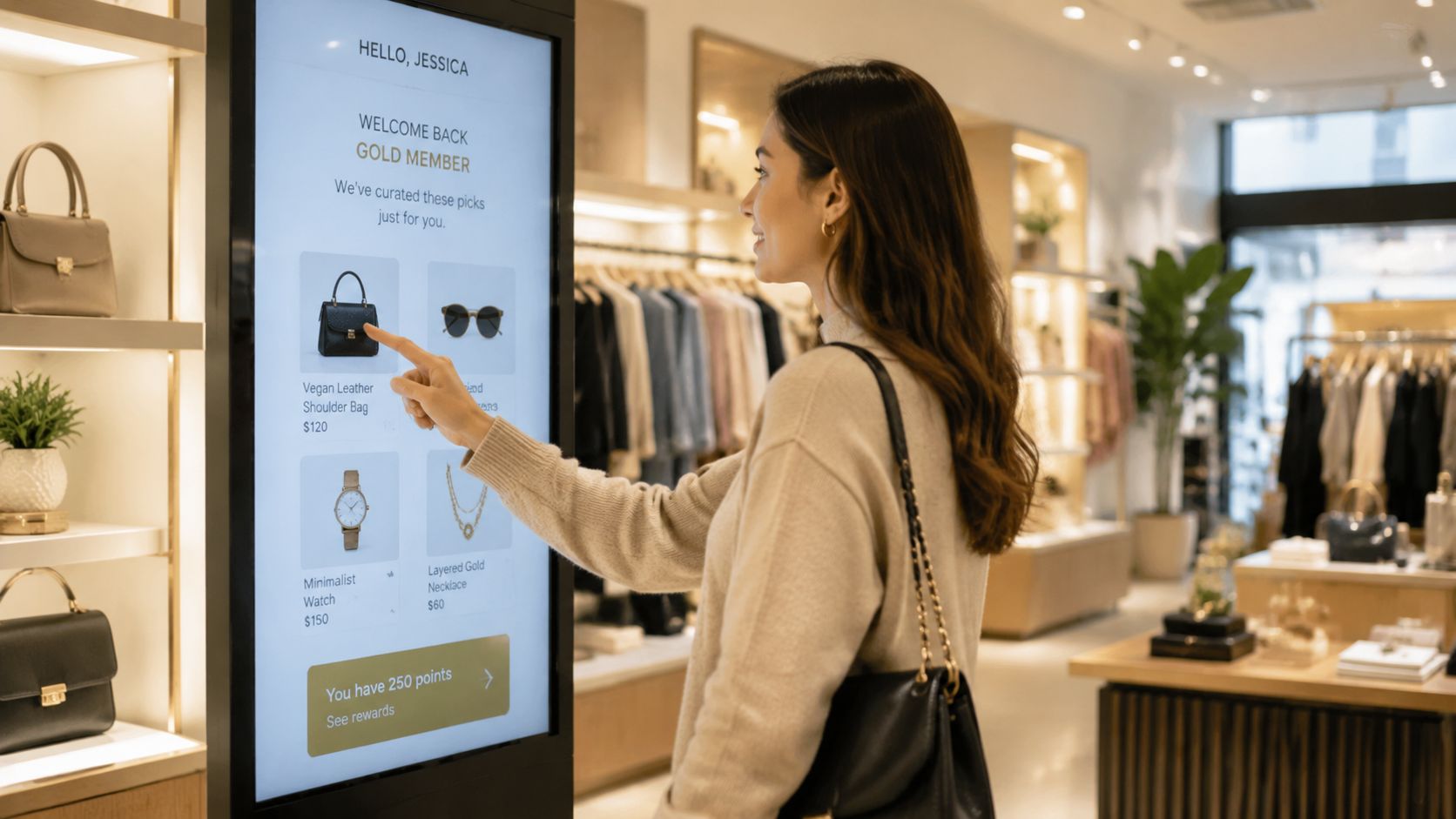 Une cliente interagit avec un écran tactile numérique dans une boutique de mode pour visualiser des produits