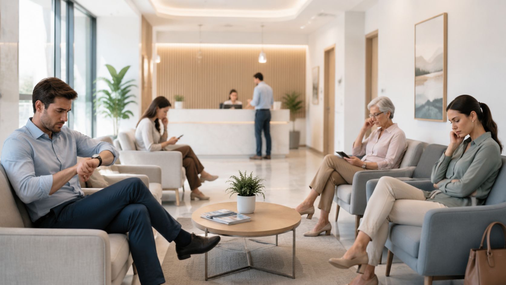 Des personnes attendent patiemment dans une salle d'attente lumineuse et moderne avec un bureau d'accueil en arrière-plan.