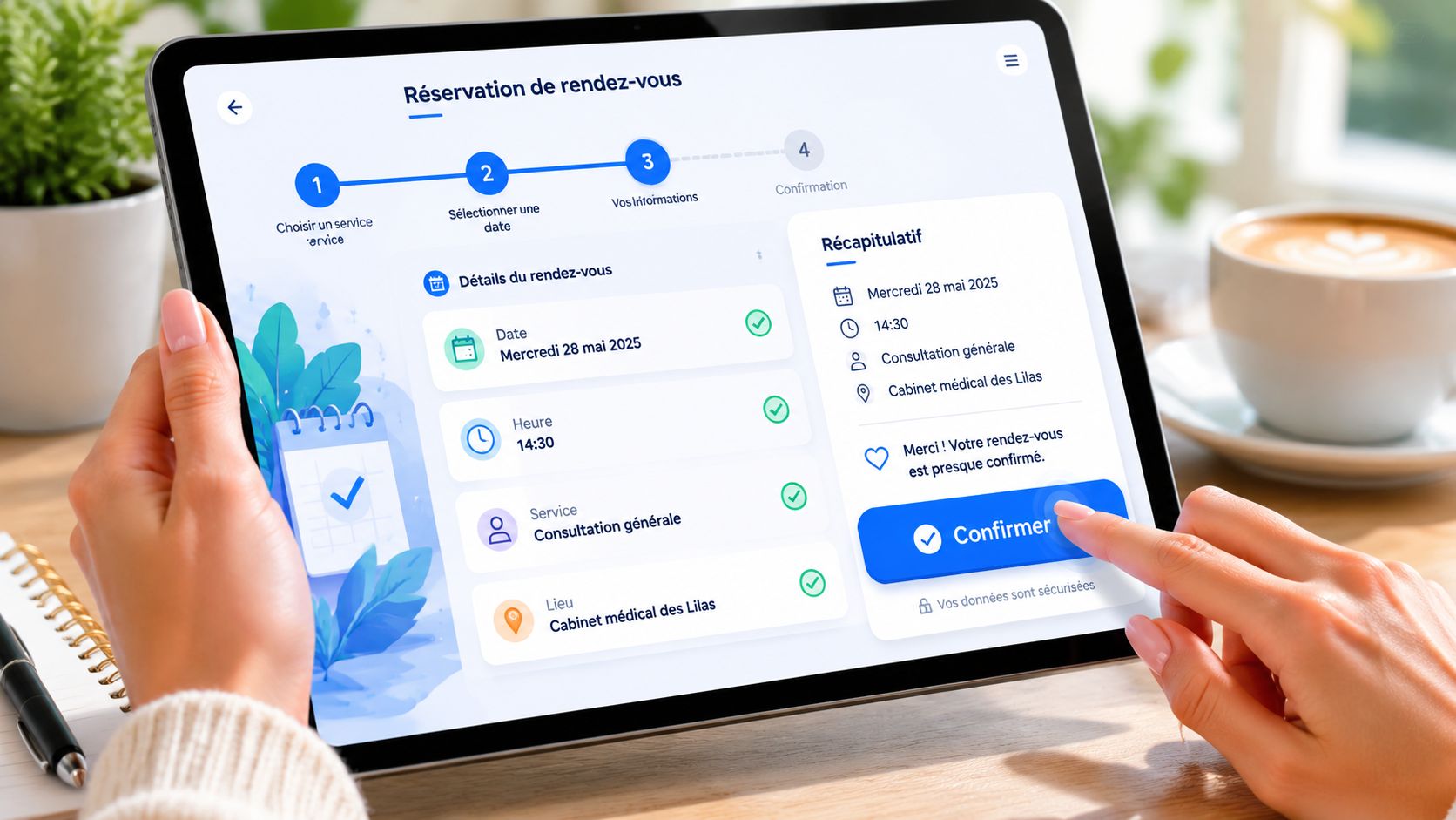 Une tablette affichant une interface de réservation de rendez-vous médical en ligne tenue par des mains.