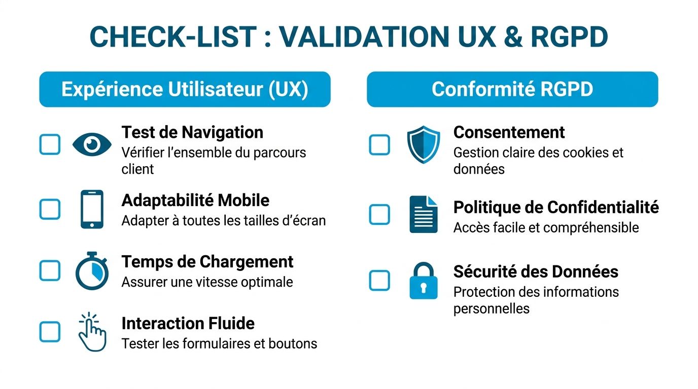 Check-list de validation pour l'expérience utilisateur et la conformité RGPD d'un site web professionnel.