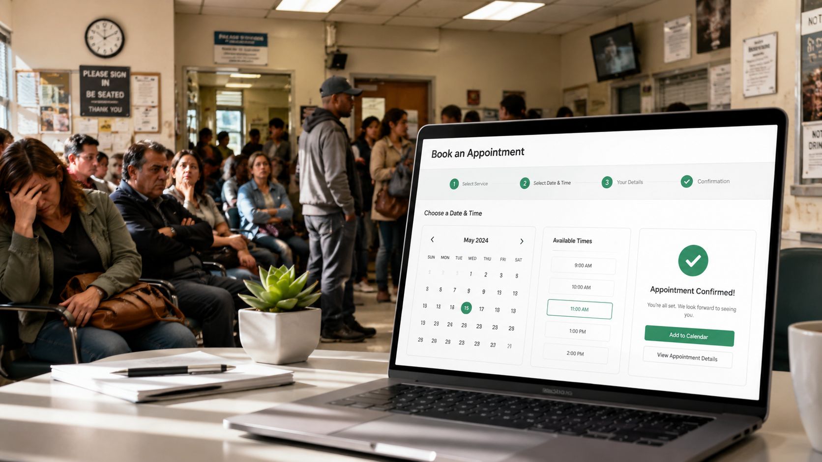 Un ordinateur portable affichant une confirmation de rendez-vous dans une salle d'attente bondée de patients.