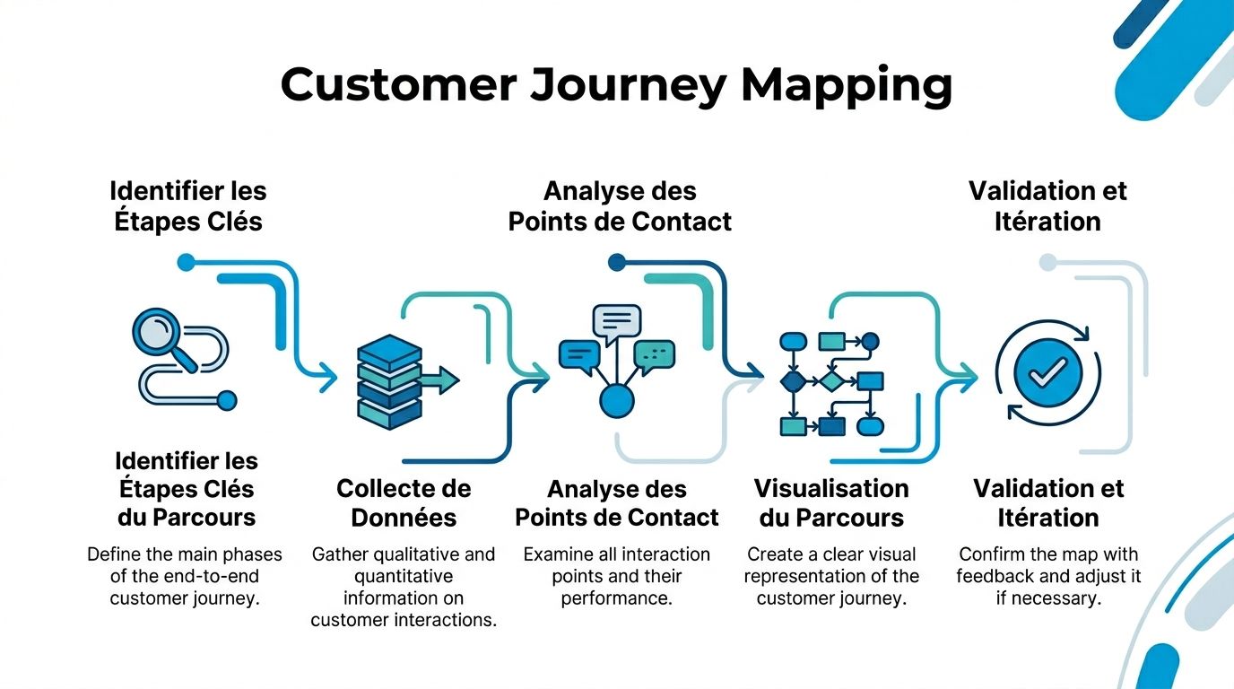 Un diagramme illustrant les étapes clés de la cartographie du parcours client, incluant la collecte de données.