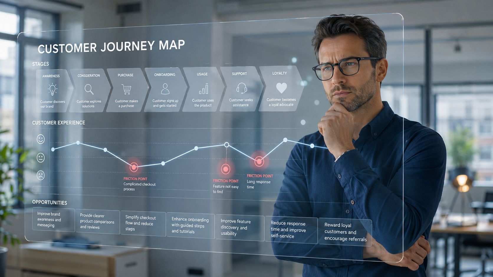 Un homme d'affaires analysant une carte interactive du parcours client affichée sur une interface numérique transparente.