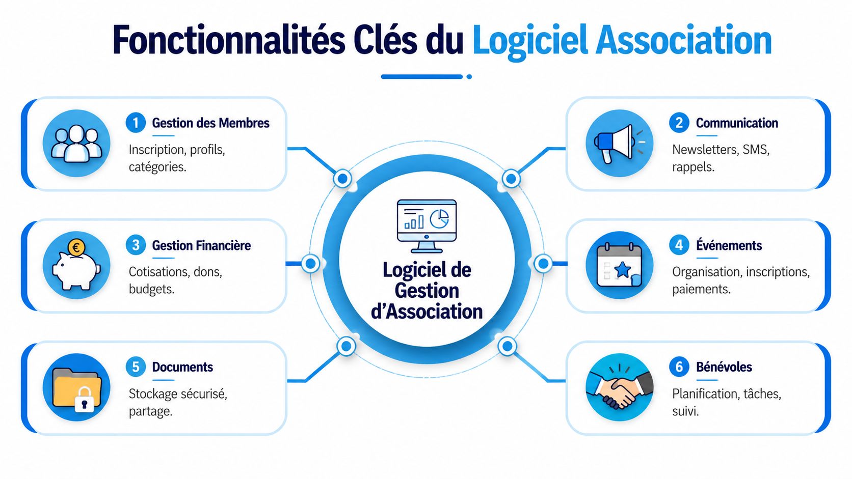 Infographie présentant les six fonctionnalités clés d'un logiciel de gestion pour associations et organisations à but non lucratif.