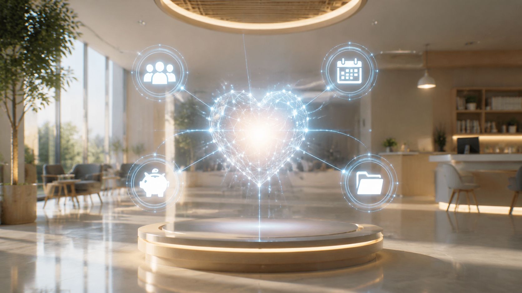 Hologramme en forme de cœur numérique au centre d'un hall d'accueil avec des icônes de gestion connectées.