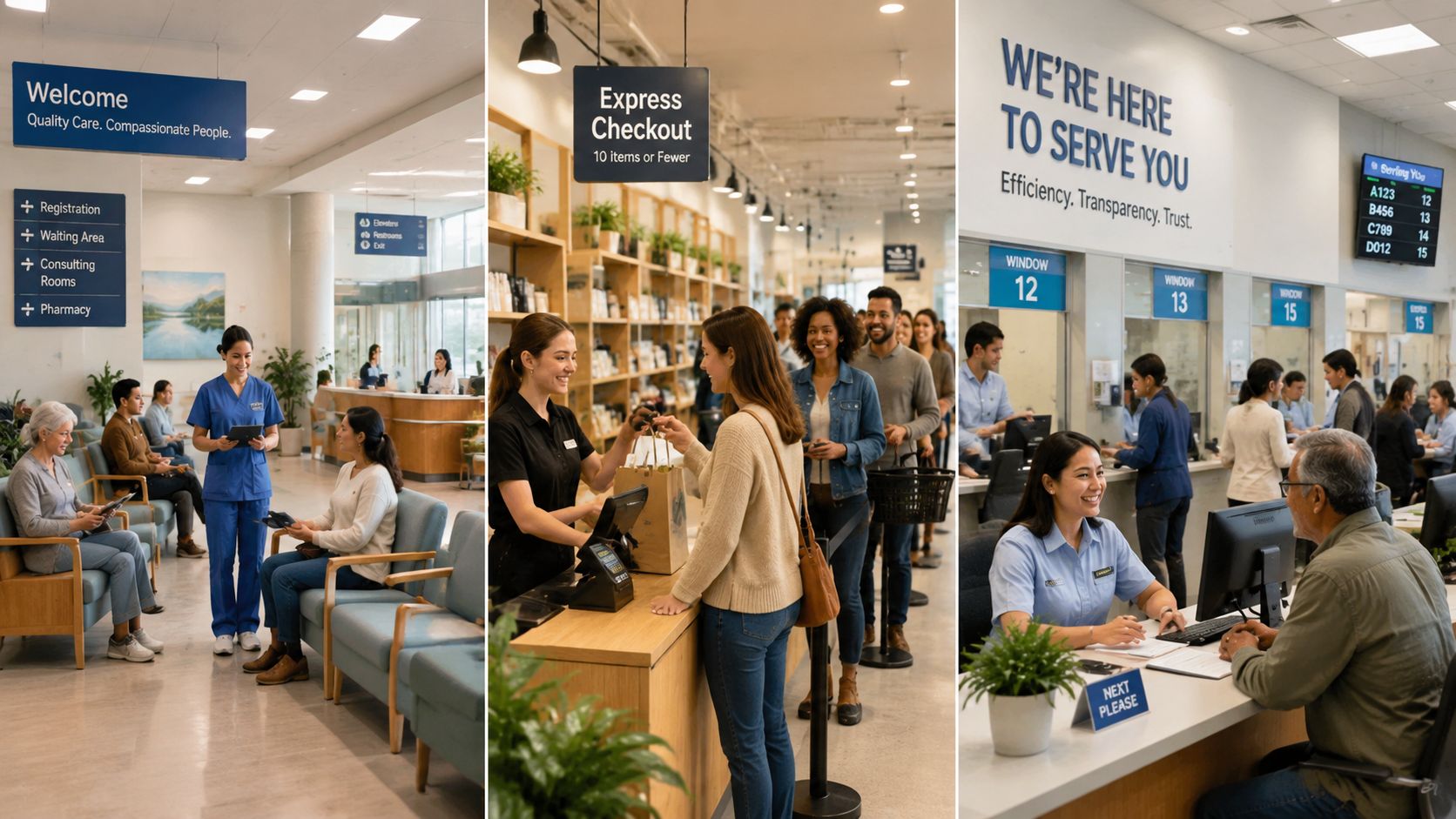 Trois sections illustrant des environnements de service client dans un hôpital et un magasin de détail moderne.