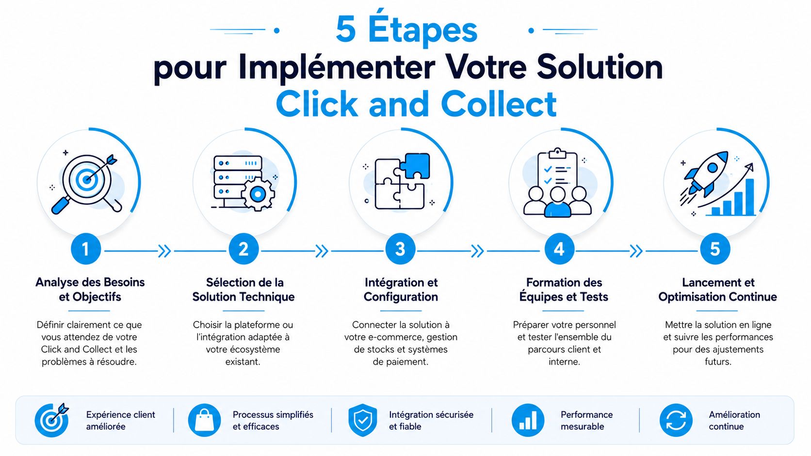 Infographie illustrant les cinq étapes clés pour mettre en œuvre efficacement une solution de click and collect.