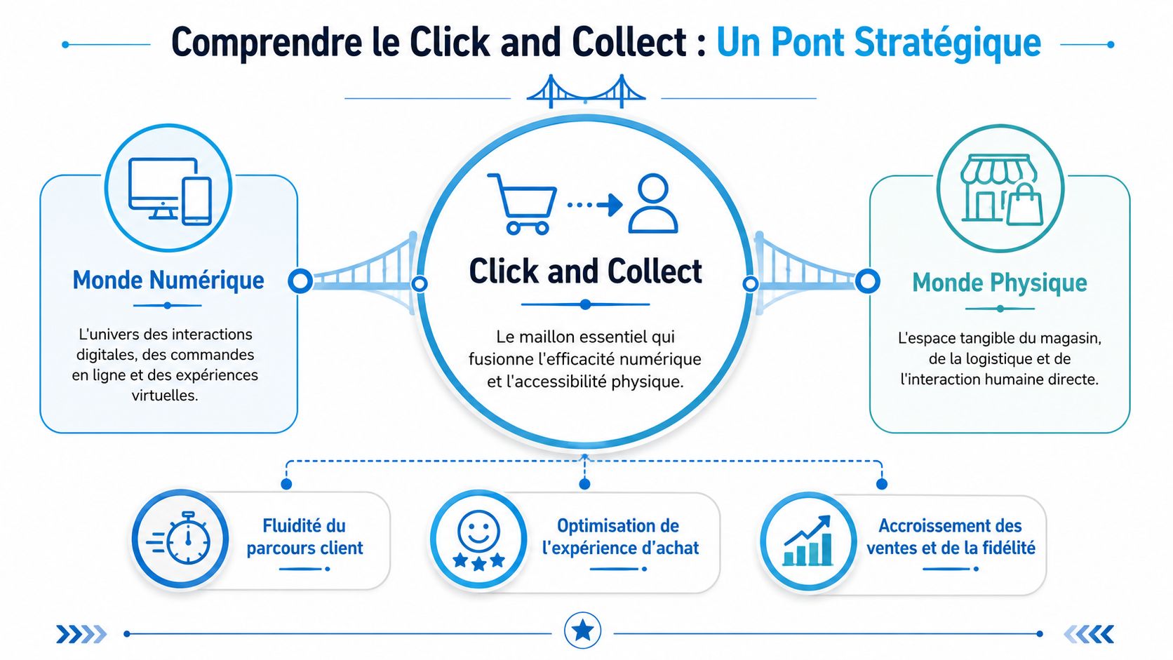 Infographie illustrant le Click and Collect comme un pont stratégique reliant le monde numérique au monde physique.