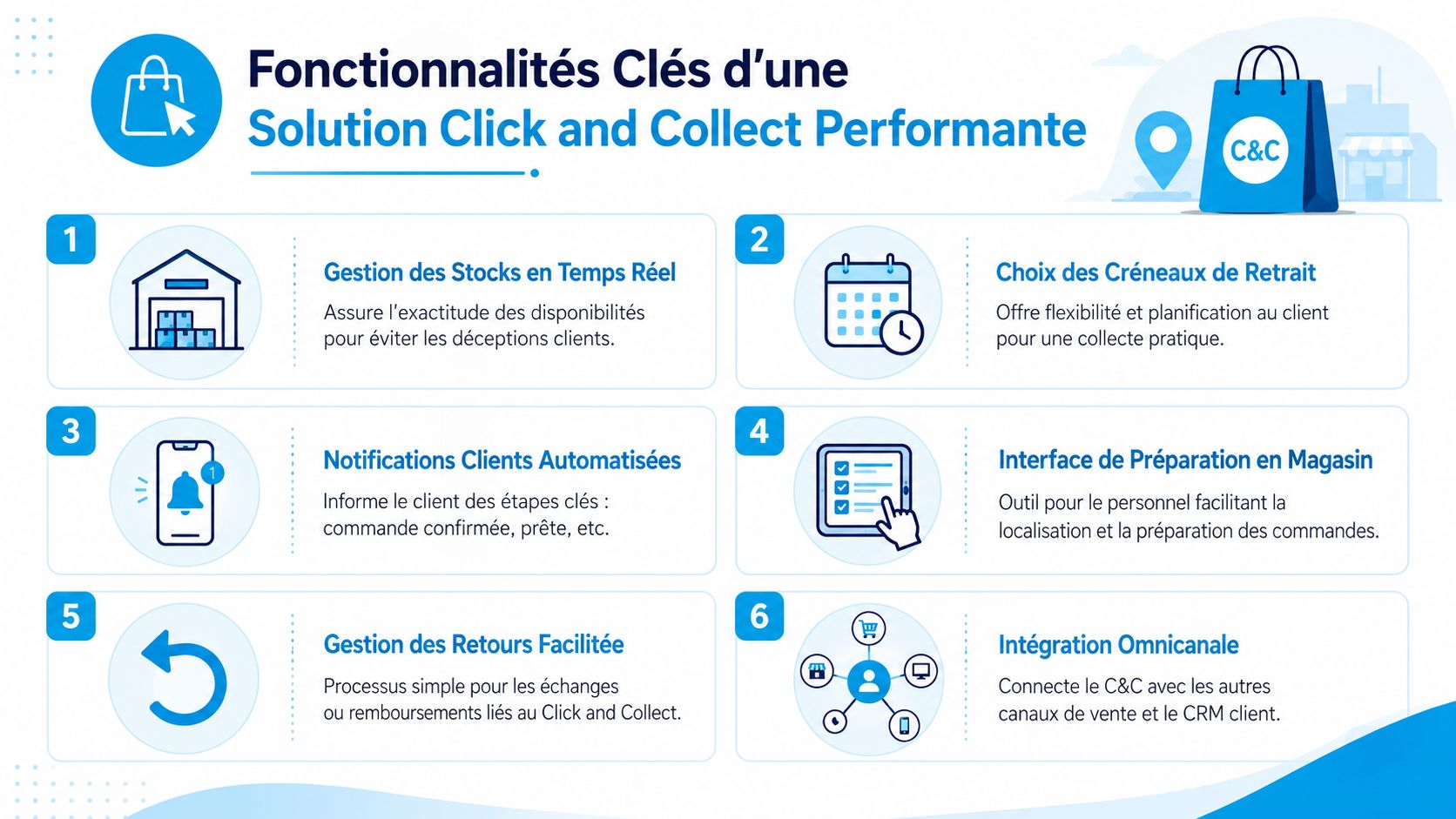 Infographie présentant les six fonctionnalités essentielles pour une solution Click and Collect performante et efficace.