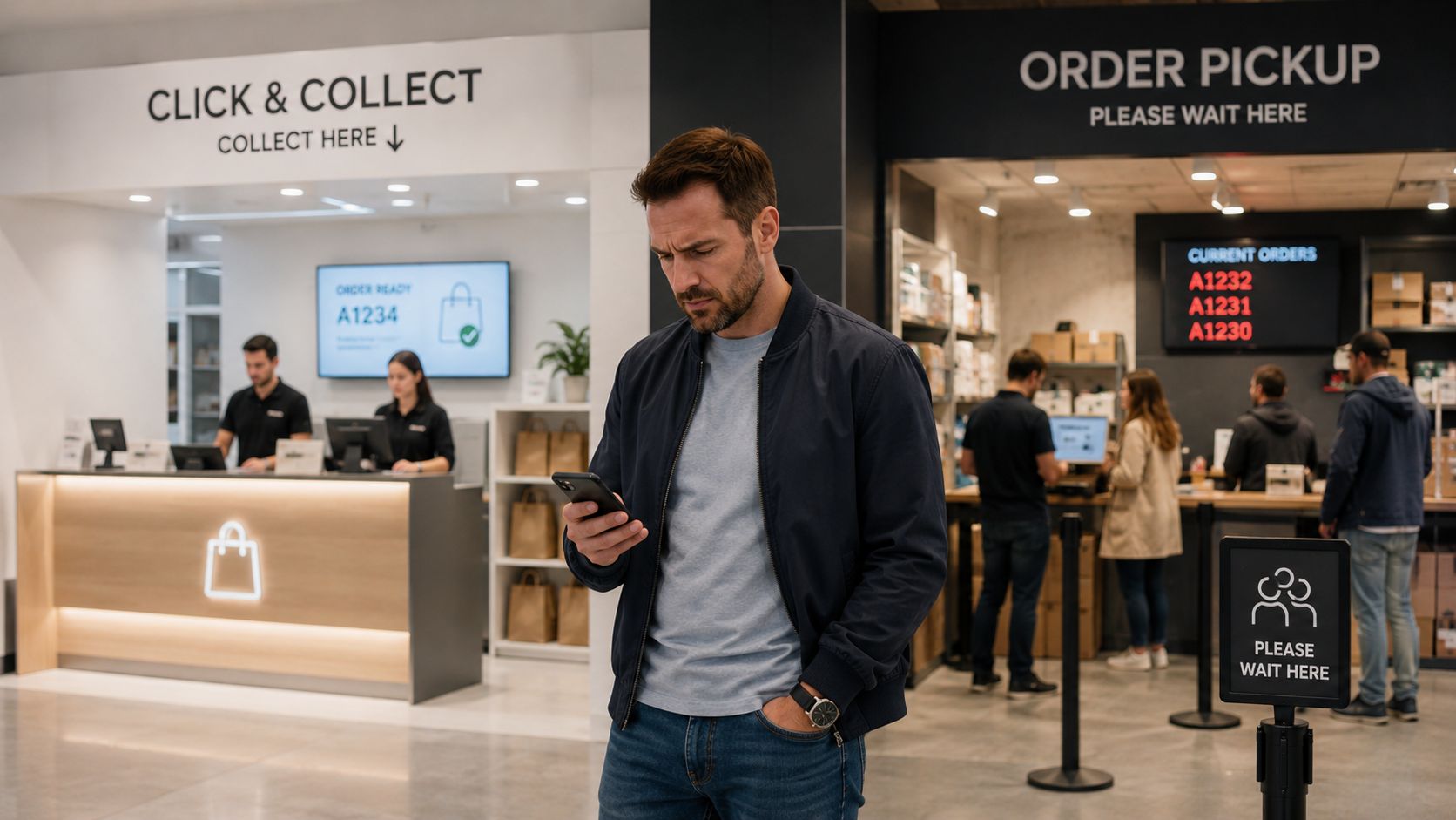 Un homme regarde son téléphone mobile dans un magasin de type click and collect moderne et lumineux.