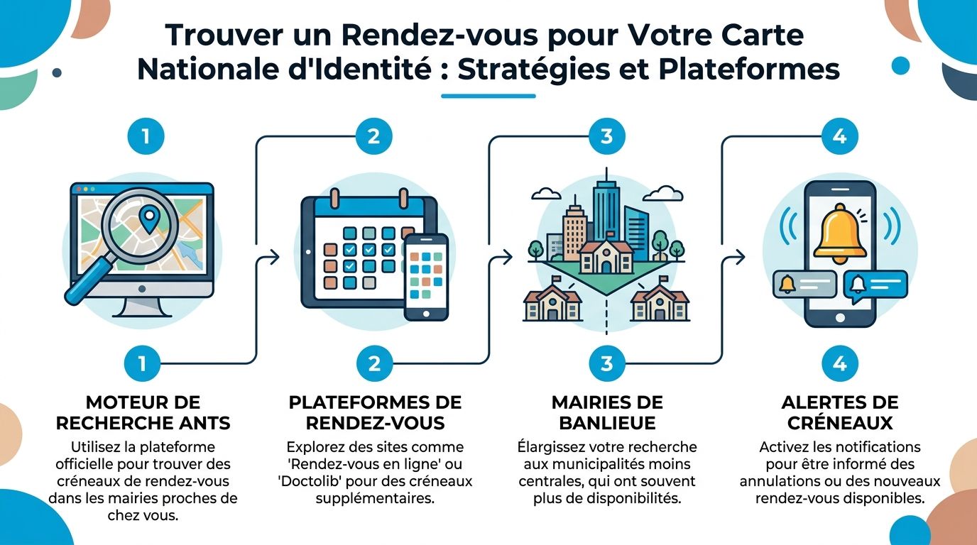 Infographie illustrant quatre étapes pour prendre un rendez-vous pour une carte nationale d'identité en France.