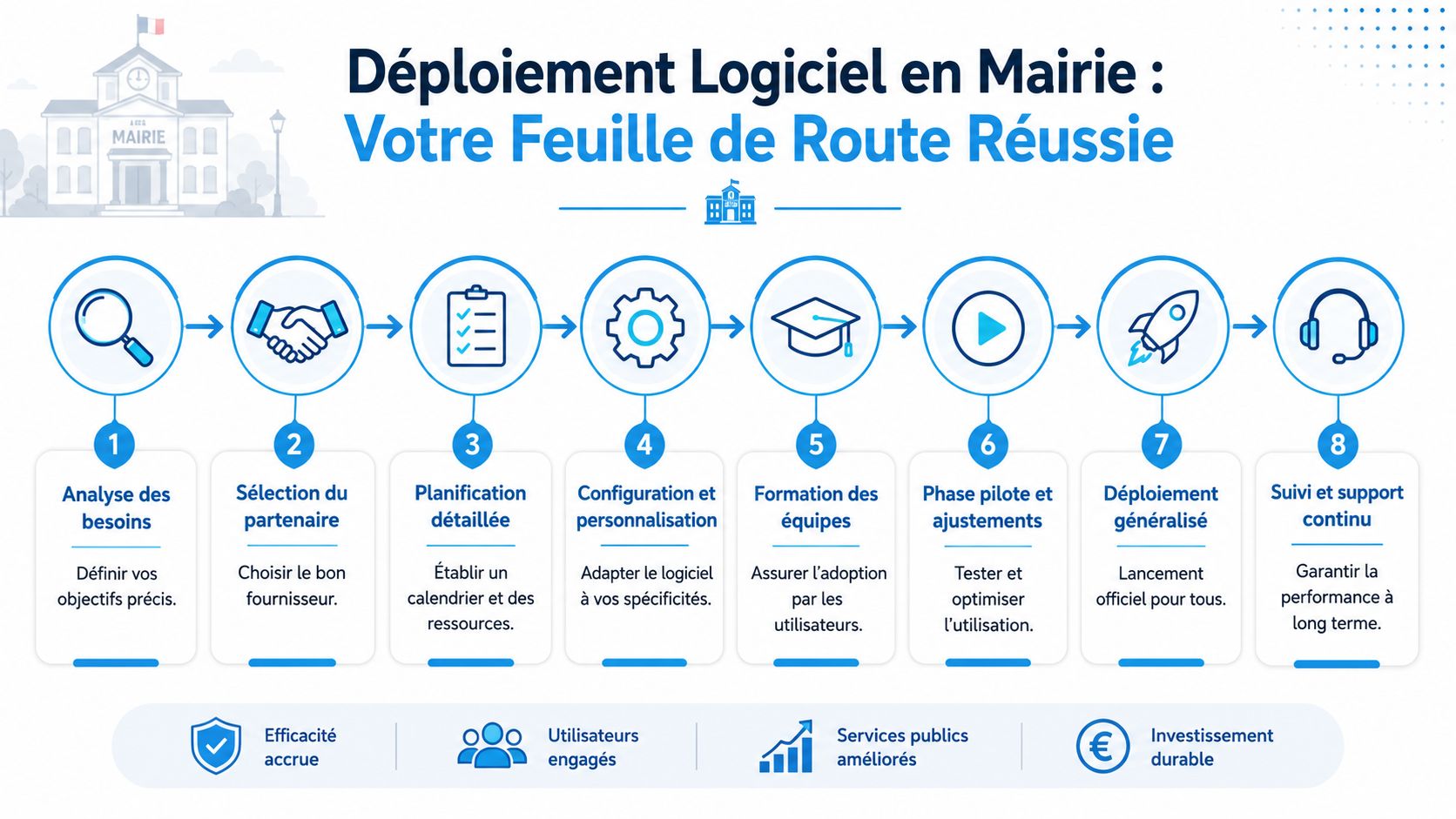 Une infographie détaillée illustrant les huit étapes clés pour réussir le déploiement d'un logiciel en mairie.