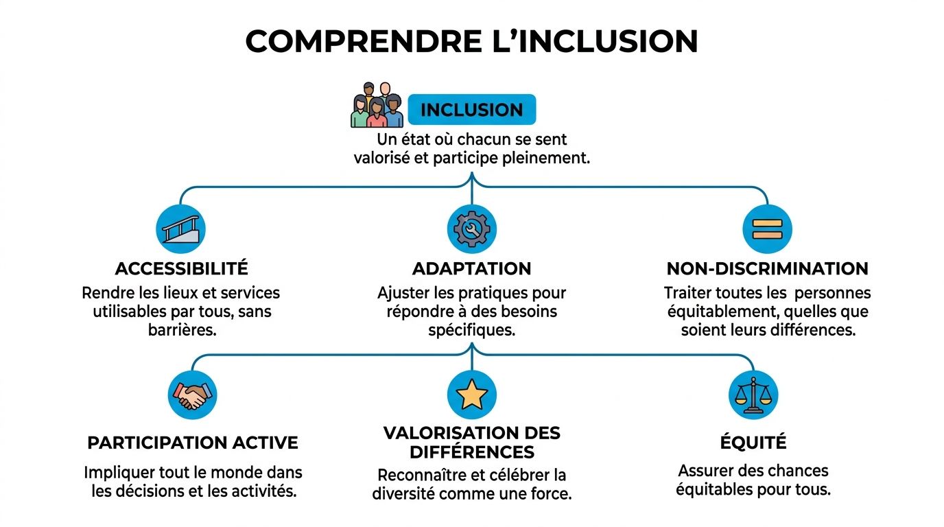 Schéma conceptuel expliquant les piliers de l'inclusion : accessibilité, adaptation, non-discrimination, participation active, valorisation et équité.