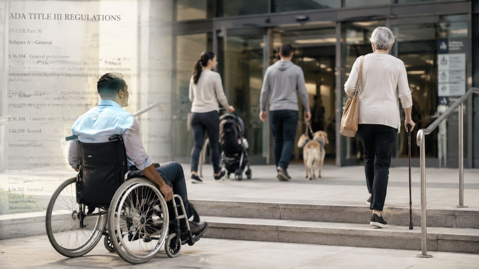 Un homme en fauteuil roulant face à des escaliers, illustrant les défis d'accessibilité pour les personnes handicapées.