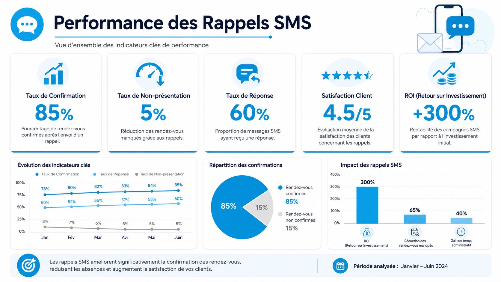 Tableau de bord montrant la performance des rappels SMS avec taux de confirmation, réponse et ROI global.