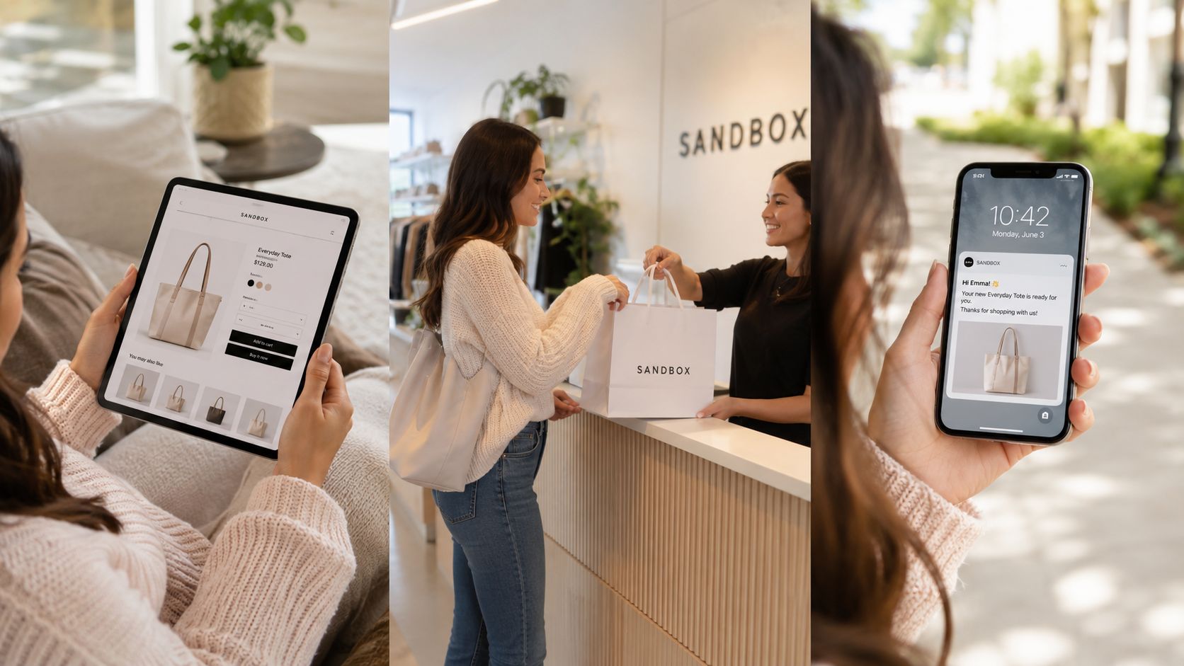 Une cliente utilise une tablette pour acheter un sac, le récupère en boutique et reçoit une notification.