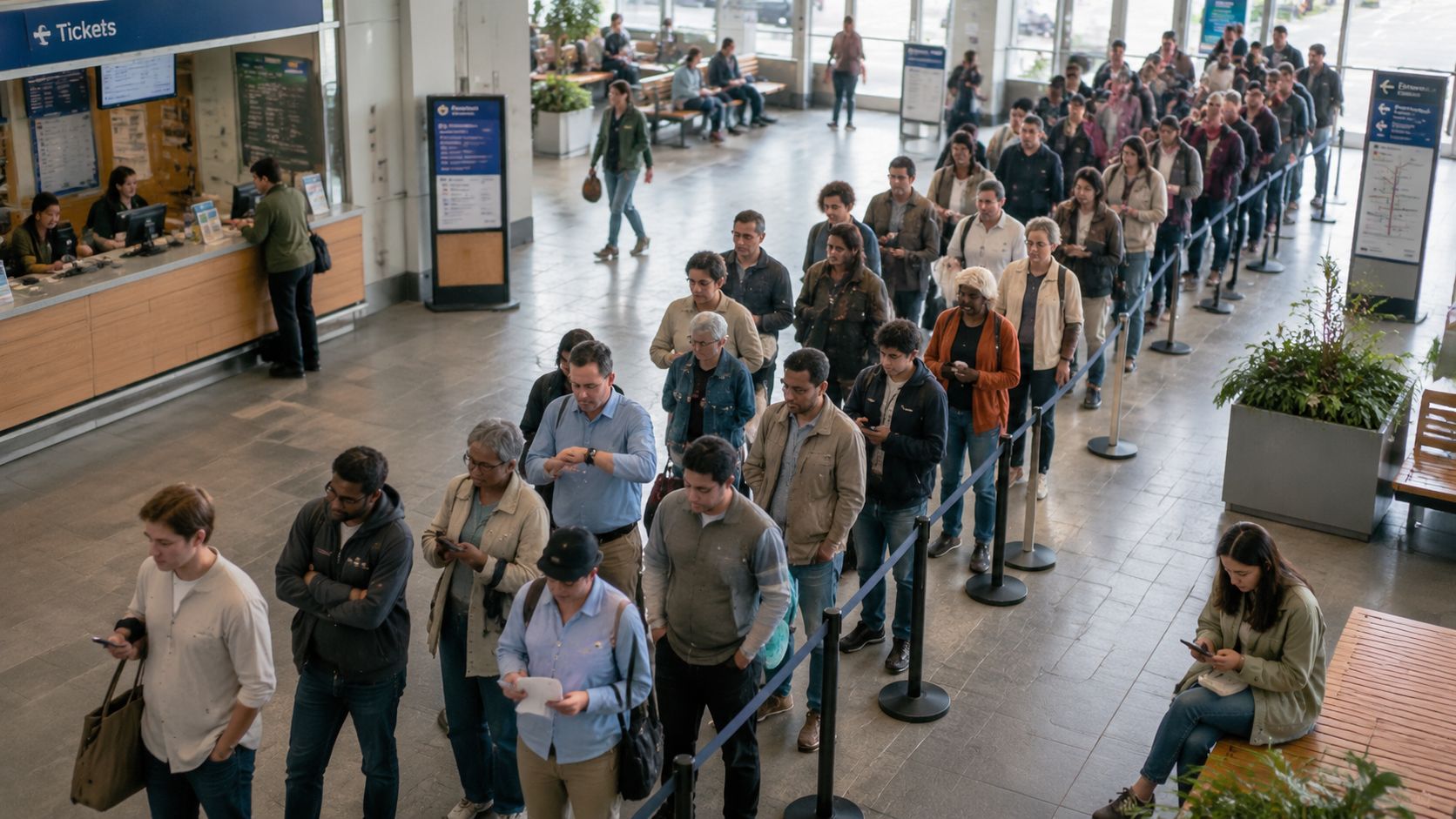 Une longue file d'attente de personnes dans le hall d'une agence TCL en attendant leur tour.