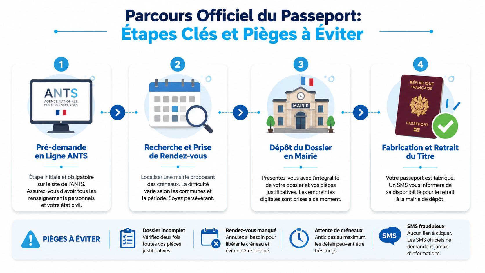 Infographie détaillant les quatre étapes officielles pour obtenir un passeport français, avec des conseils pour éviter les pièges.