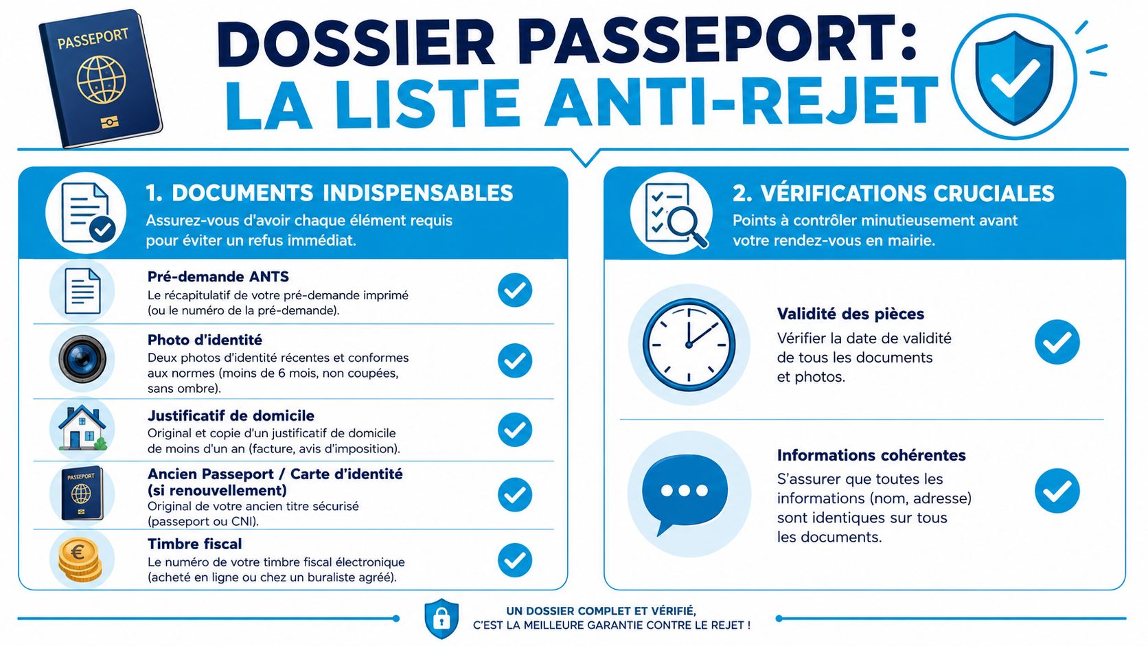 Infographie listant les documents et vérifications indispensables pour éviter le rejet d'une demande de passeport en France.